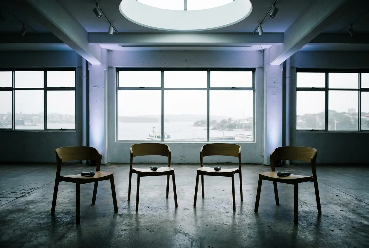 Empty panel discussion stage with handheld microphones on each chair