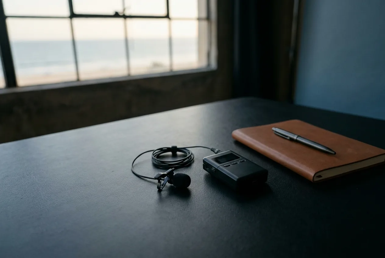 Wireless lavalier microphone laid on a matte tabletop beside a notebook