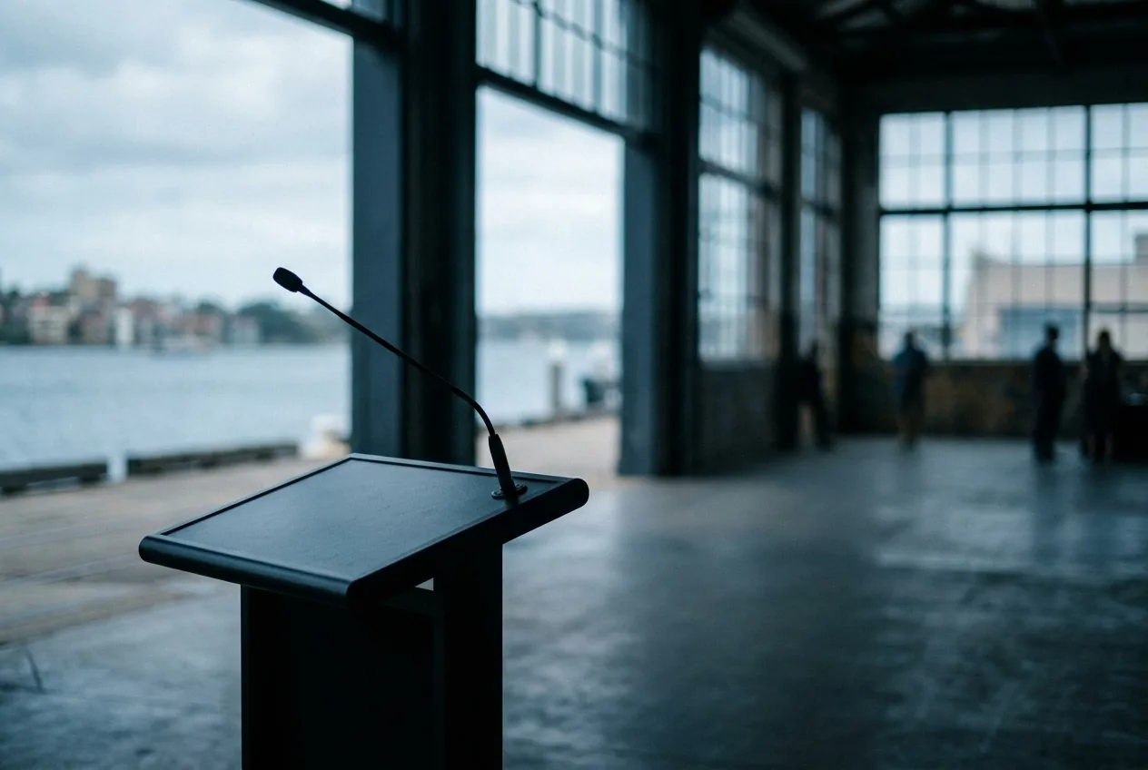 Conference setup with lectern, mic and speakers ready for the room