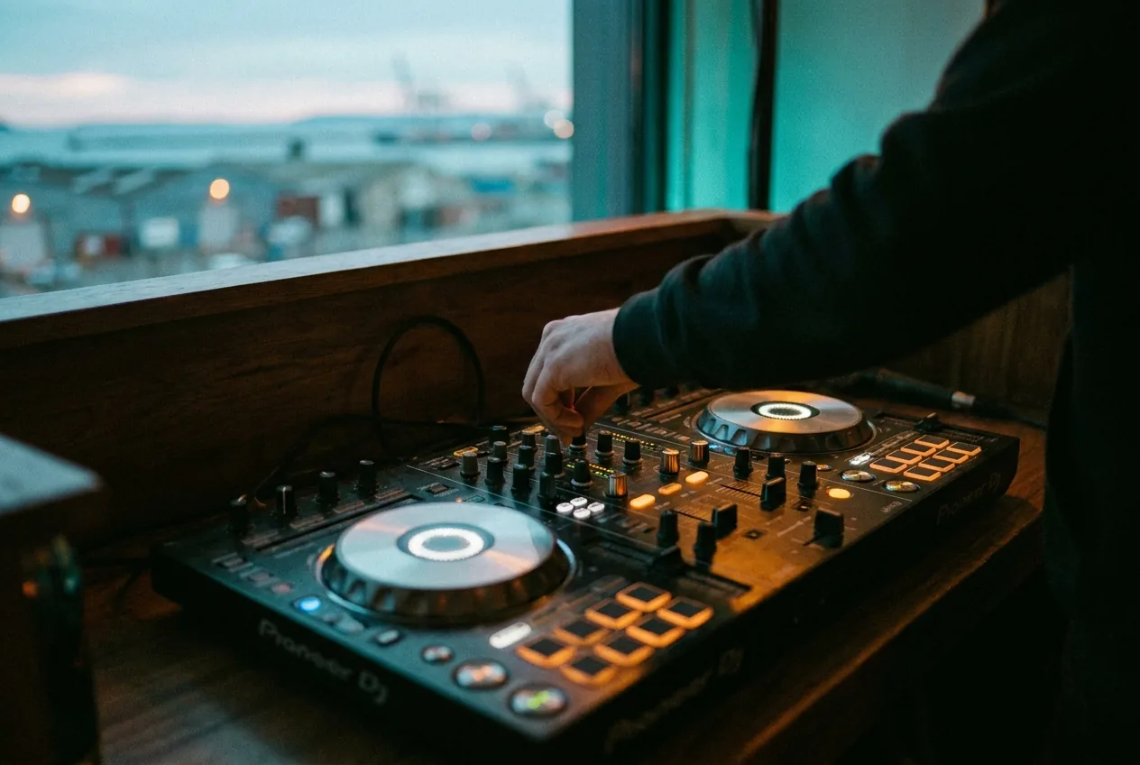 DJ controller lit up in the booth