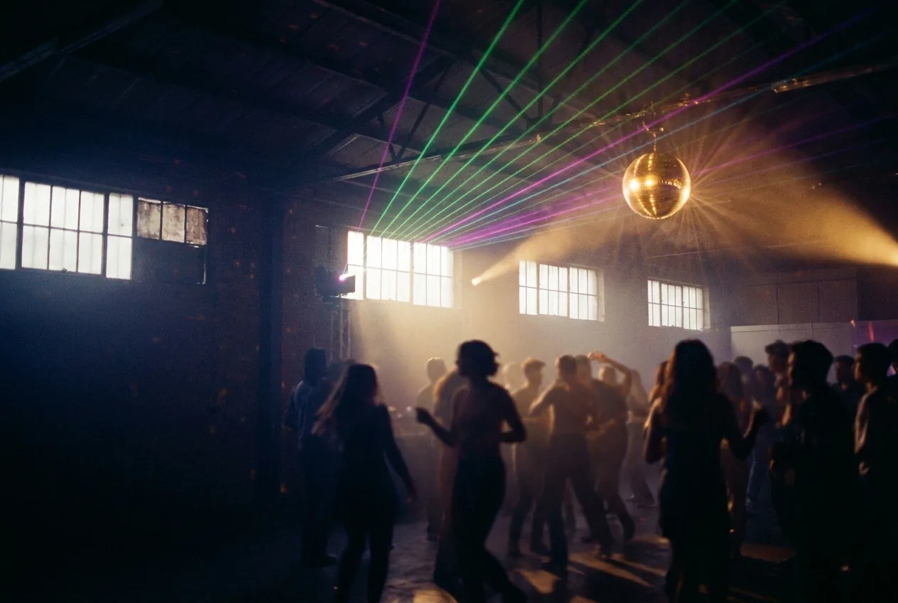 Dance floor with lasers cutting through haze