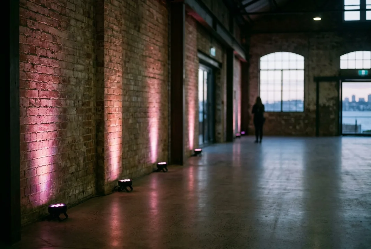 Empty warehouse space with LED uplighting along the walls