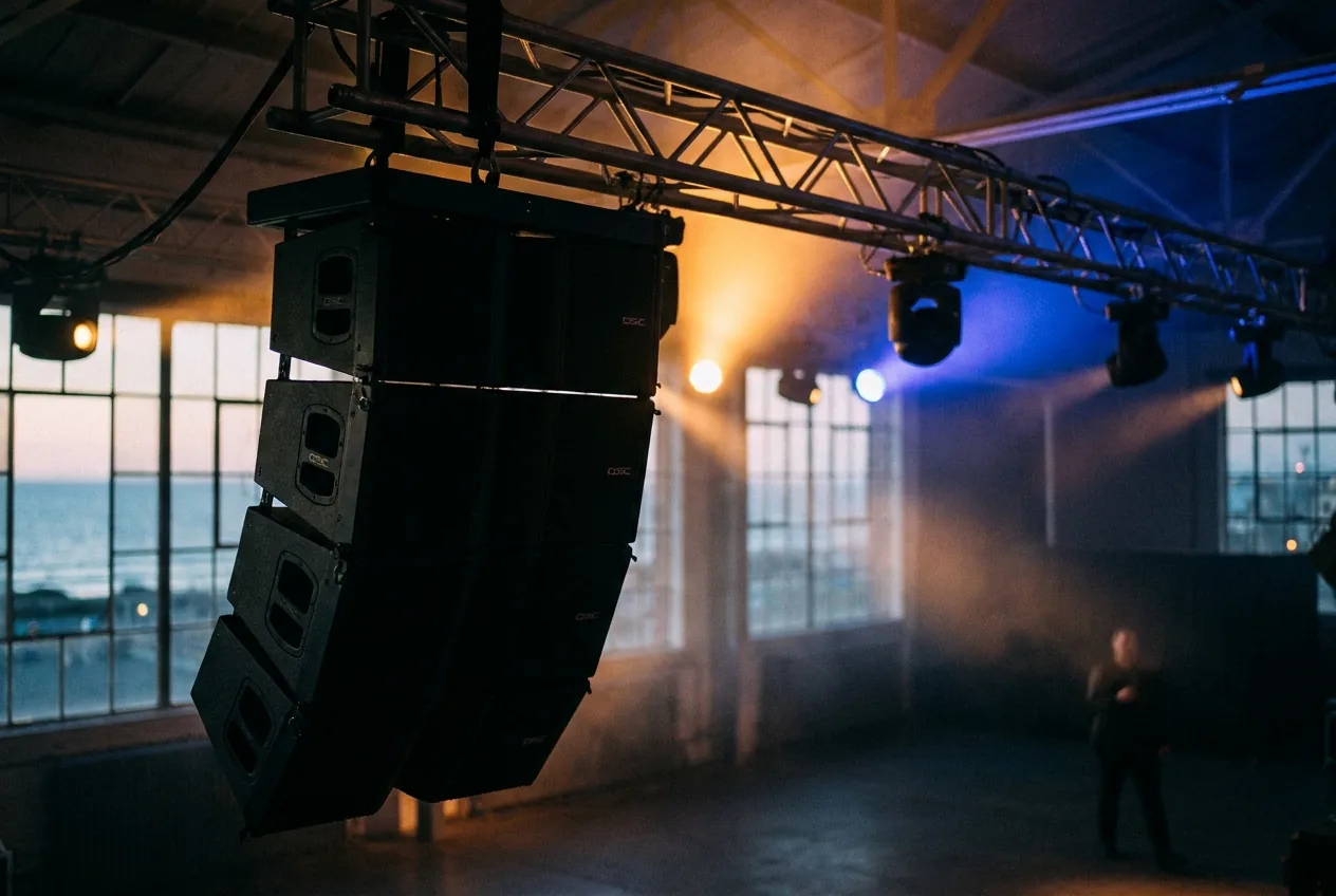 Line array speakers and truss rigging backlit in a venue