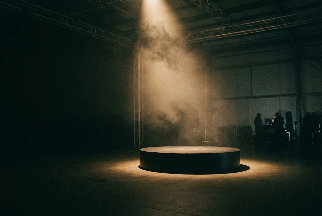 A plinth spotlit on a dark stage, ready for a product reveal