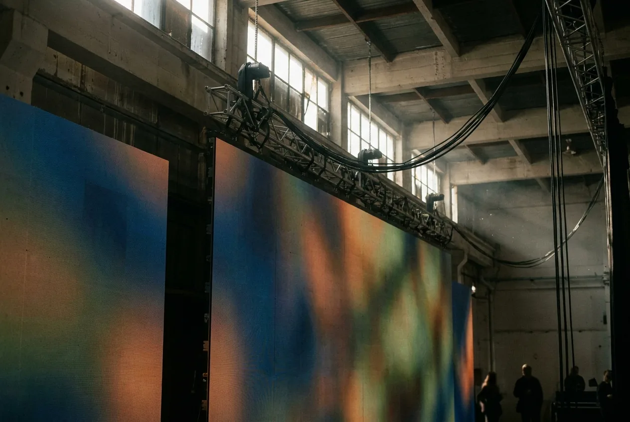 Massive LED video wall glowing inside a warehouse venue