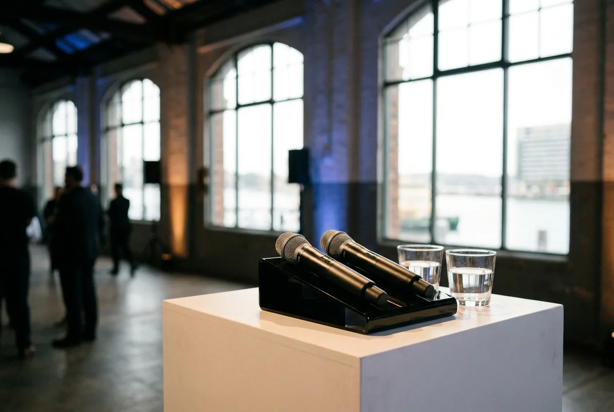Presenter microphones and water glasses on a plinth in a launch venue