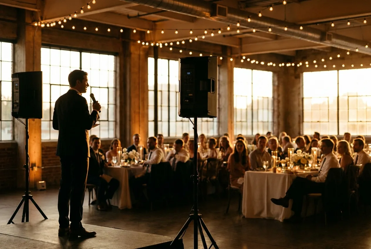 Wedding reception at golden hour, a guest giving a speech between warm floor speakers