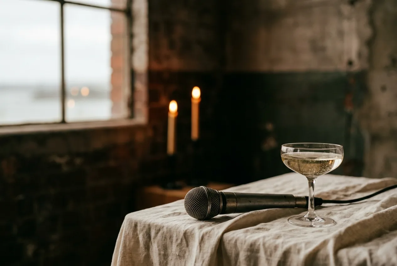 A wireless microphone resting on linen beside a candlelit table