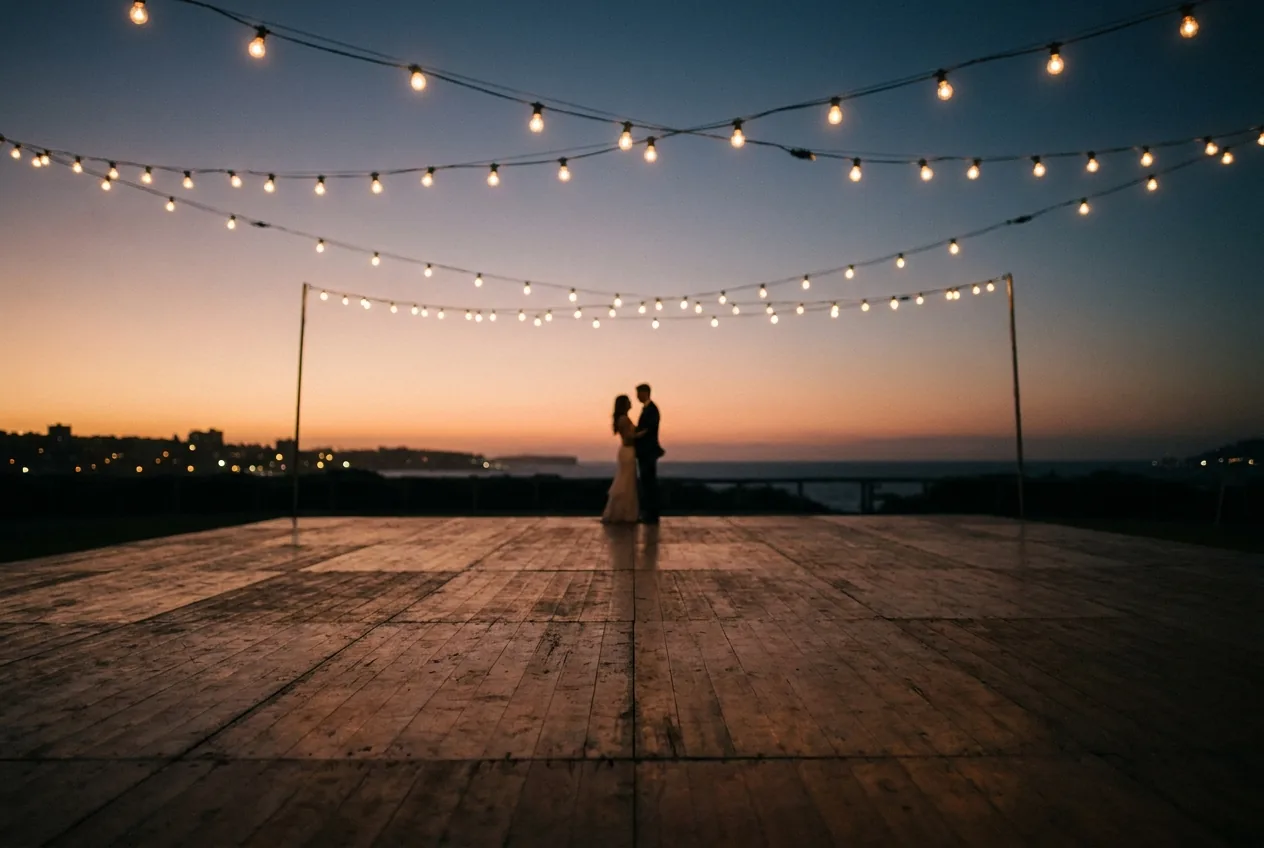 Couple silhouetted under warm festoon lights on an outdoor dance floor