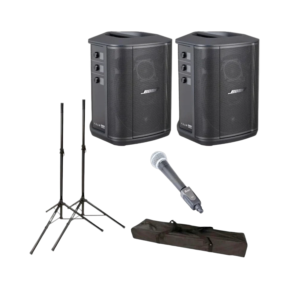 2 x Bose S1 Pro+ Battery Powered Speakers with Stands and Wireless Mic