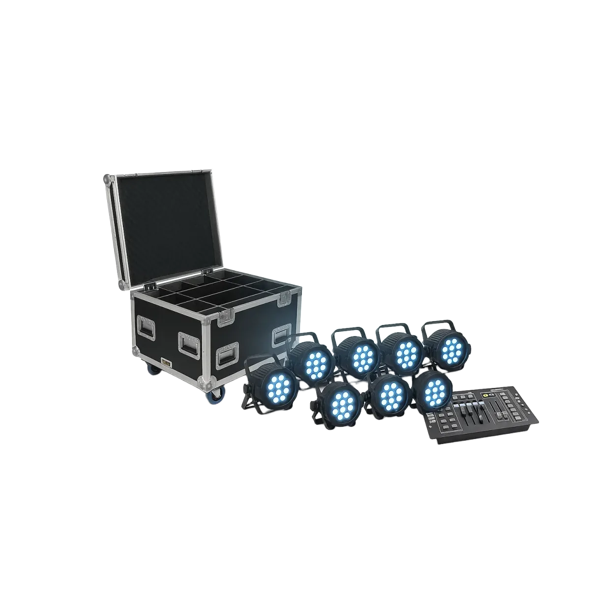 8 x LED powered Par Pro in a road case with lighting controller